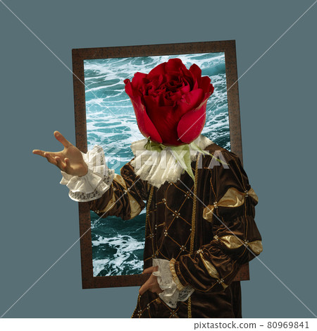 Model like medieval royalty person in vintage clothing. Concept of comparison of eras, artwork, renaissance, baroque style. Creative collage. Surrealism 80969841