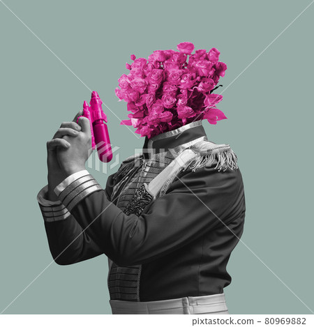 Contemporary art collage. Idea, inspiration, aspiration and creativity. Composition with bw portrait of man headed of flowers.. Concept of comparison of eras, fun, humor. 80969882