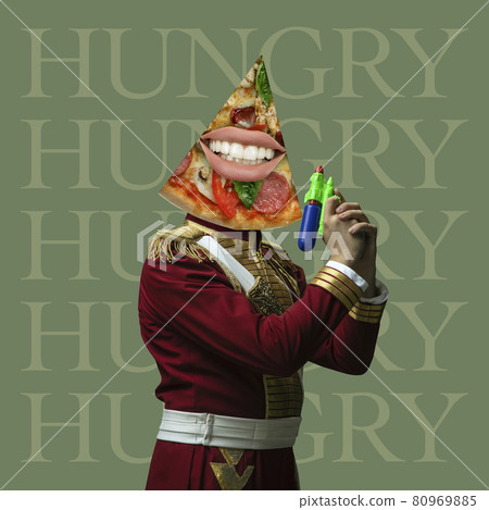 Time to eat. Model like medieval royalty person in vintage clothing. Concept of comparison of eras, artwork, renaissance, baroque style. Creative collage. Surrealism Time to eat. Model like medieval royalty person in vintage clothing. Concept of comparison of eras, artwork, renaissance, baroque style. Creative collage. Surrealism 80969885