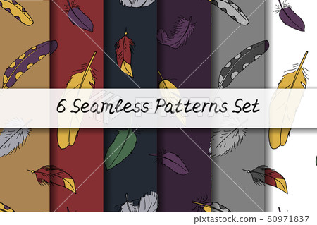 Seamless patterns set with hand drawn doodle boho feathers. Bohemian textures collection. 80971837