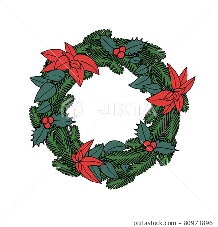 Colorful Line Art Christmas Wreath clipart, decorated spruce green branches 80971896