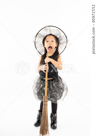Portrait of little girl in Halloween and carnival costume ride the wooden broom isolated on white background Portrait of little girl in Halloween and carnival costume ride the wooden broom isolated on white background 80972552