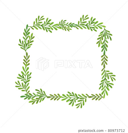 Green leaves square frame simple hand drawn watercolor illustration, festive greenery clipart, holiday celebration ornament for invitation, wedding or greeting cards 80973712