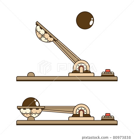 Mechanical catapult throws cannonball. Mechanical catapult throws cannonball. 80973838