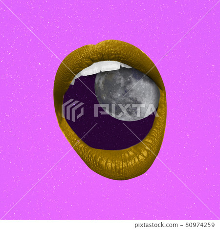 Contemporary art collage, modern design. Mystery. Composition with female opened screaming mouth isolated over bright purple background. 80974259