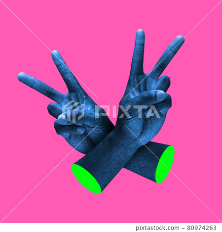 Contemporary minimalistic artwork in neon bold colors with hands showing victory sign. Surrealism creative wallpaper. Psychedelic design pattern. Contemporary minimalistic artwork in neon bold colors with hands showing victory sign. Surrealism creative wallpaper. Psychedelic design pattern. 80974263