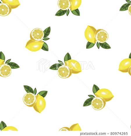 Nice lemon with slice and leaves background. Vector hand drawn seamless pattern Nice lemon with slice and leaves background. Vector hand drawn seamless pattern 80974265