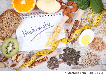Notepad with inscription hashimoto and best ingredients or products for healthy thyroid Notepad with inscription hashimoto and best ingredients or products for healthy thyroid 80974331