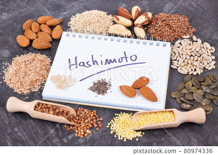 Nutritious ingredients and inscription hashimoto. Healthy food containing vitamins Nutritious ingredients and inscription hashimoto. Healthy food containing vitamins 80974336