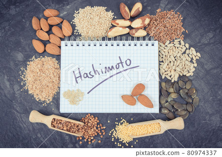 Notepad with inscription hashimoto and best ingredients or products for healthy thyroid Notepad with inscription hashimoto and best ingredients or products for healthy thyroid 80974337