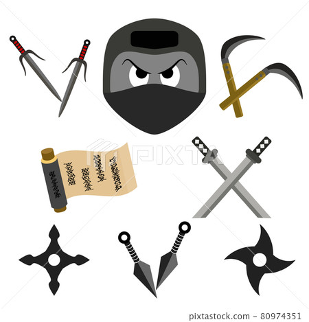 忍者和武器排列，手劍，武士刀，滾動箭頭設計 80974351