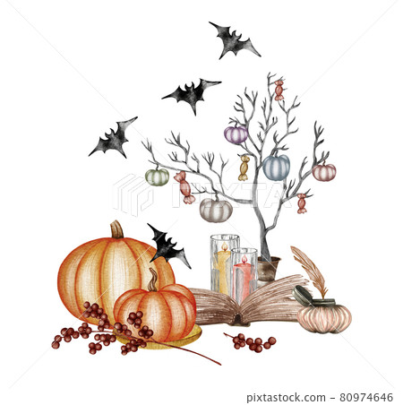 Halloween pumpkin composition. Bat, skull, pumpkin on a tray, magic book, ink, candle hand drawn watercolour illustration 80974646