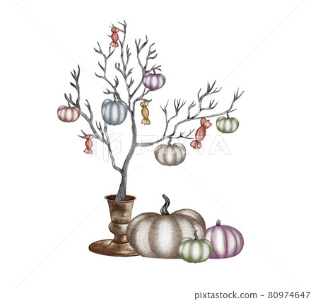 Halloween pumpkin composition. Bat, skull, pumpkin on a tray, magic book, ink, candle hand drawn watercolour illustration 80974647
