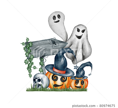 watercolor illustration, Halloween pumpkins wearing hat, party elements set isolated on white background watercolor illustration, Halloween pumpkins wearing hat, party elements set isolated on white background 80974675