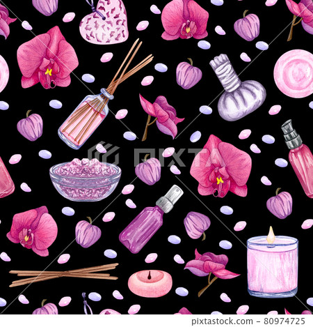 Watercolor seamless pattern on the theme of beauty, spa and cleanliness. Consists of various bath accessories 80974725