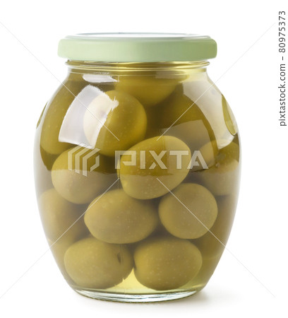 Canned olives in a glass jar on a white background. Isolated 80975373