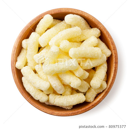Corn sticks in a plate on a white background, isolated. Top view 80975377
