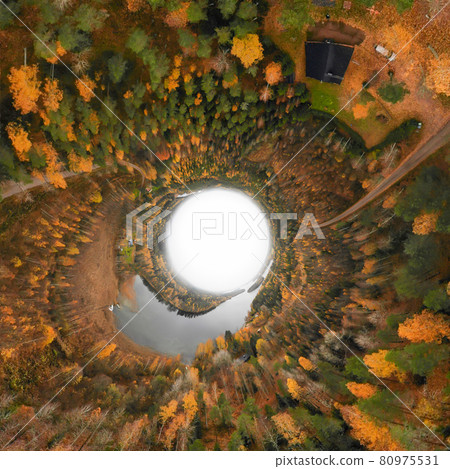 Aerial panoramic view of lake and colorful forests on a autumn day in Finland. Drone photography 80975531