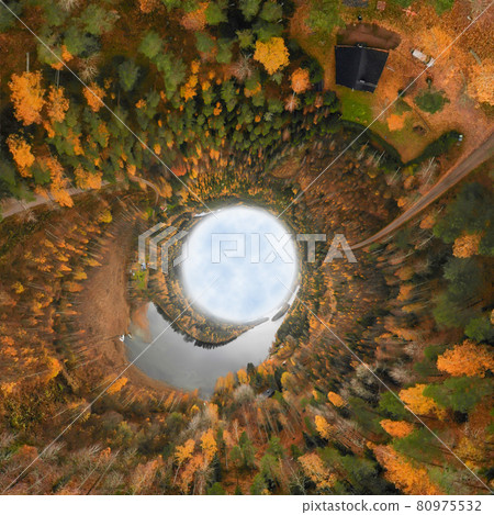 Aerial panoramic view of lake and colorful forests on a autumn day in Finland. Drone photography 80975532