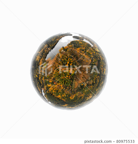 Aerial panoramic view in form of small planet of lake and colorful forests on a autumn day in Finland. Drone photography Aerial panoramic view in form of small planet of lake and colorful forests on a autumn day in Finland. Drone photography 80975533