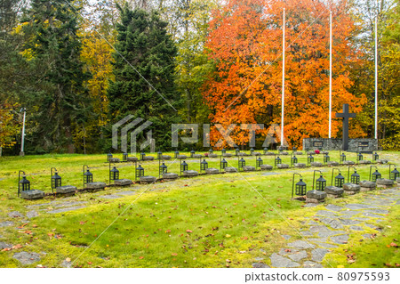 Loviisa, Finland - 8 October 2019: Row of lanterns on the graves of war heroes on the cemetery of Ruotsinpyhtaa Loviisa, Finland - 8 October 2019: Row of lanterns on the graves of war heroes on the cemetery of Ruotsinpyhtaa 80975593