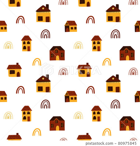 Cute seamless pattern with old town house and decorative rainbow. Autumn orange and yellow color palette. Vector graphic illustration. Doodle cartoon style. Cute seamless pattern with old town house and decorative rainbow. Autumn orange and yellow color palette. Vector graphic illustration. Doodle cartoon style. 80975845