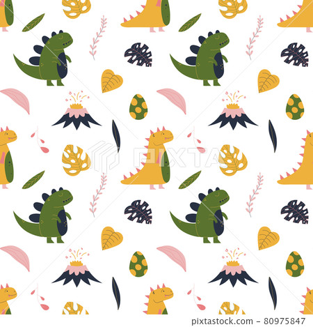 Cute hand drawn seamless pattern with yellow and green dinosaur, tropical leaf, volcano and dino egg. Colorful design for kid fabric, textile, nursery. Childish vector decorative print. Cute hand drawn seamless pattern with yellow and green dinosaur, tropical leaf, volcano and dino egg. Colorful design for kid fabric, textile, nursery. Childish vector decorative print. 80975847