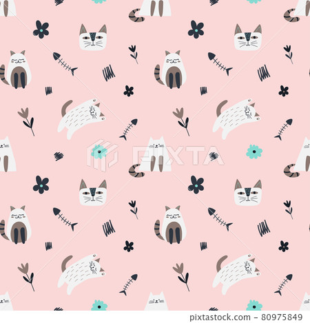 Childish seamless pattern with lazy cat on cream color backdrop, flowers and fish skeleton in cartoon style. Vector trendy print. Cute baby fabric design. Funny character. Childish seamless pattern with lazy cat on cream color backdrop, flowers and fish skeleton in cartoon style. Vector trendy print. Cute baby fabric design. Funny character. 80975849