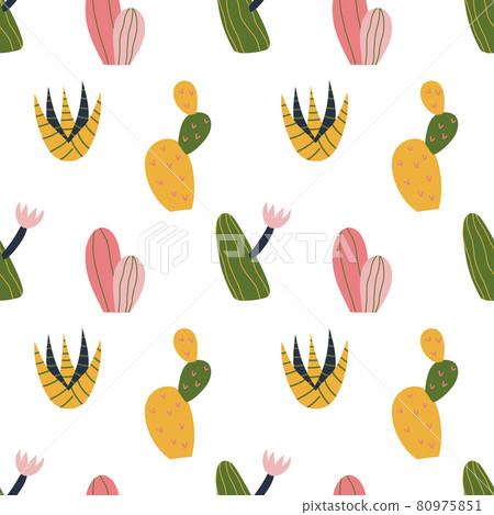 Cactus seamless pattern in cute cartoon style. Kawaii succulent in bright colors. Repeat background, wallpaper texture. Decorative print for fabric. Kid apparel design. Cactus seamless pattern in cute cartoon style. Kawaii succulent in bright colors. Repeat background, wallpaper texture. Decorative print for fabric. Kid apparel design. 80975851