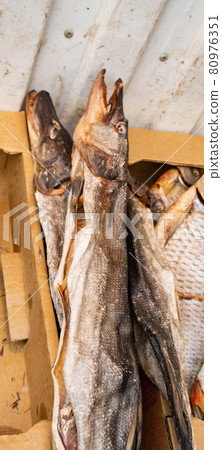 Dried pike, river fish, fish from the Volga at the market in Samara, fish background Dried pike, river fish, fish from the Volga at the market in Samara, fish background 80976351
