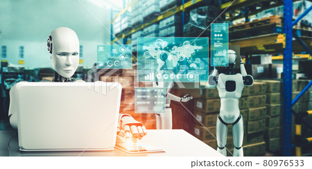 Innovative industry robot working in warehouse for human labor replacement Innovative industry robot working in warehouse for human labor replacement 80976533