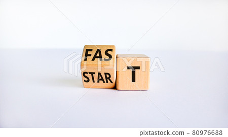 Time to fast start symbol. Turned a wooden cube with words 'fast start'. Beautiful white table, white background, copy space. Business and fast start concept. Time to fast start symbol. Turned a wooden cube with words 'fast start'. Beautiful white table, white background, copy space. Business and fast start concept. 80976688