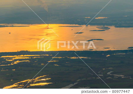 Aerial view of the Dnieper river and factory chimneys near Kiev, Ukraine 80977447