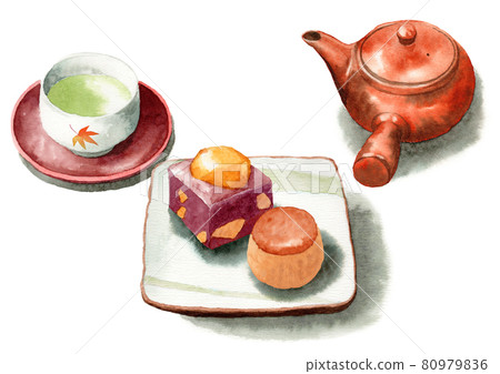 Analog watercolor chestnut manju chestnut yokan Japanese tea set Analog watercolor chestnut manju chestnut yokan Japanese tea set 80979836
