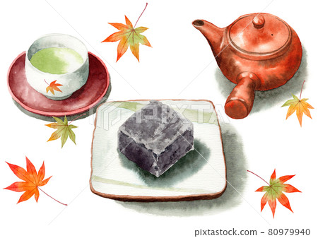Analog watercolor kintsuba and Japanese tea set autumn leaves Analog watercolor kintsuba and Japanese tea set autumn leaves 80979940