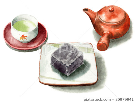 Analog watercolor kintsuba and Japanese tea set Analog watercolor kintsuba and Japanese tea set 80979941