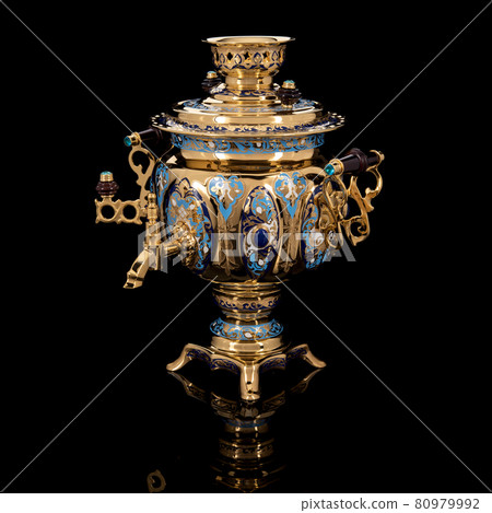 Luxury gold samovar on black background with reflection 80979992