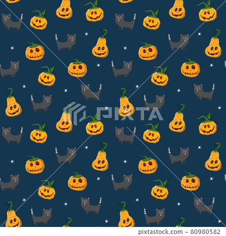 Halloween seamless pattern design. Cute cartoon elements, holiday background, vector illustration 80980582