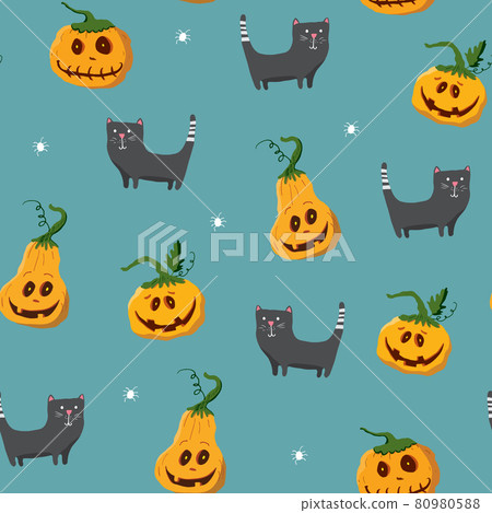 Halloween seamless pattern design. Cute cartoon elements, holiday background, vector illustration 80980588