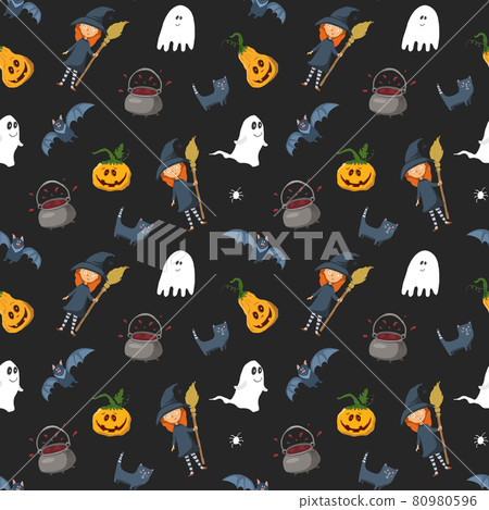 Halloween seamless pattern design. Cute cartoon elements, holiday background, vector illustration 80980596