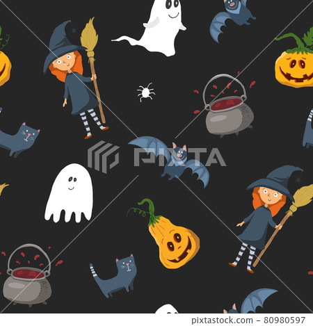 Halloween seamless pattern design. Cute cartoon elements, holiday background, vector illustration 80980597