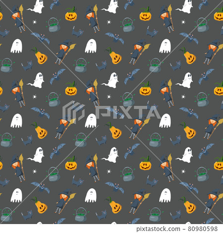 Halloween seamless pattern design. Cute cartoon elements, holiday background, vector illustration 80980598