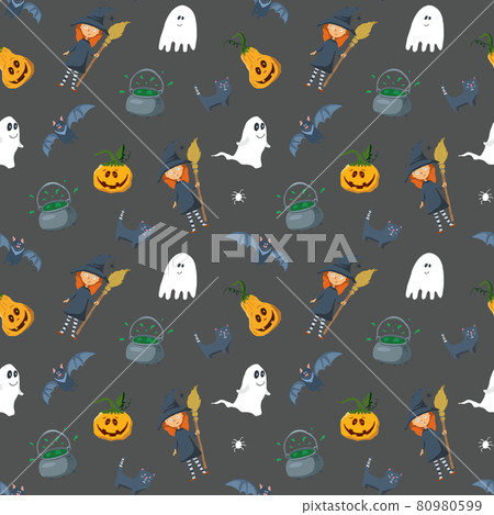 Halloween seamless pattern design. Cute cartoon elements, holiday background, vector illustration 80980599