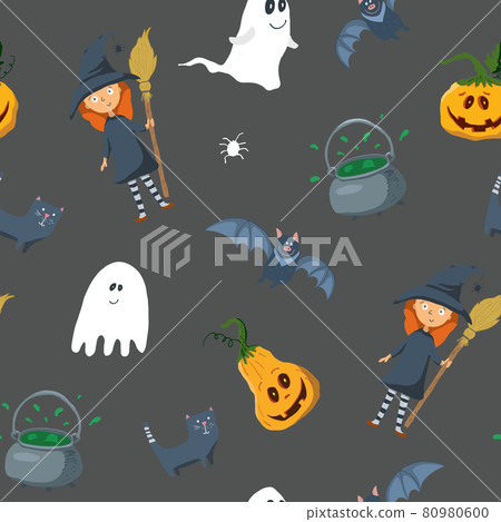 Halloween seamless pattern design. Cute cartoon elements, holiday background, vector illustration 80980600