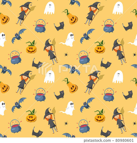 Halloween seamless pattern design. Cute cartoon elements, holiday background, vector illustration 80980601