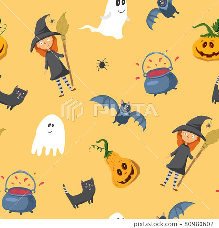 Halloween seamless pattern design. Cute cartoon elements, holiday background, vector illustration 80980602