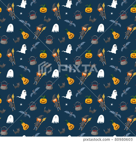 Halloween seamless pattern design. Cute cartoon elements, holiday background, vector illustration 80980603