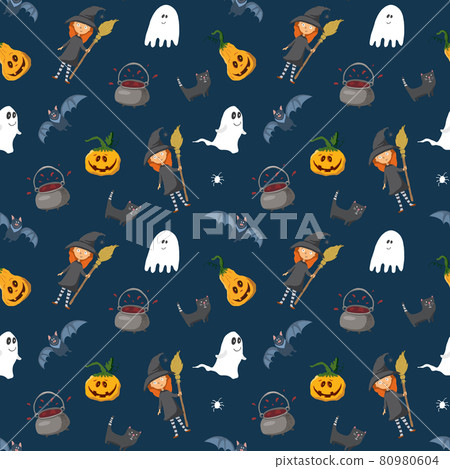 Halloween seamless pattern design. Cute cartoon elements, holiday background, vector illustration 80980604