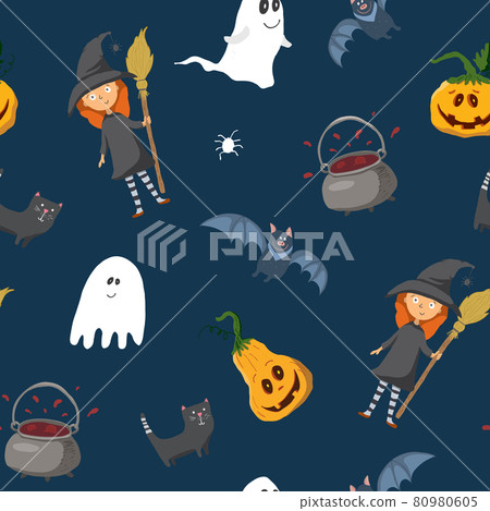 Halloween seamless pattern design. Cute cartoon elements, holiday background, vector illustration 80980605