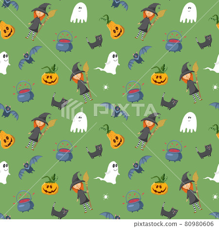 Halloween seamless pattern design. Cute cartoon elements, holiday background, vector illustration 80980606